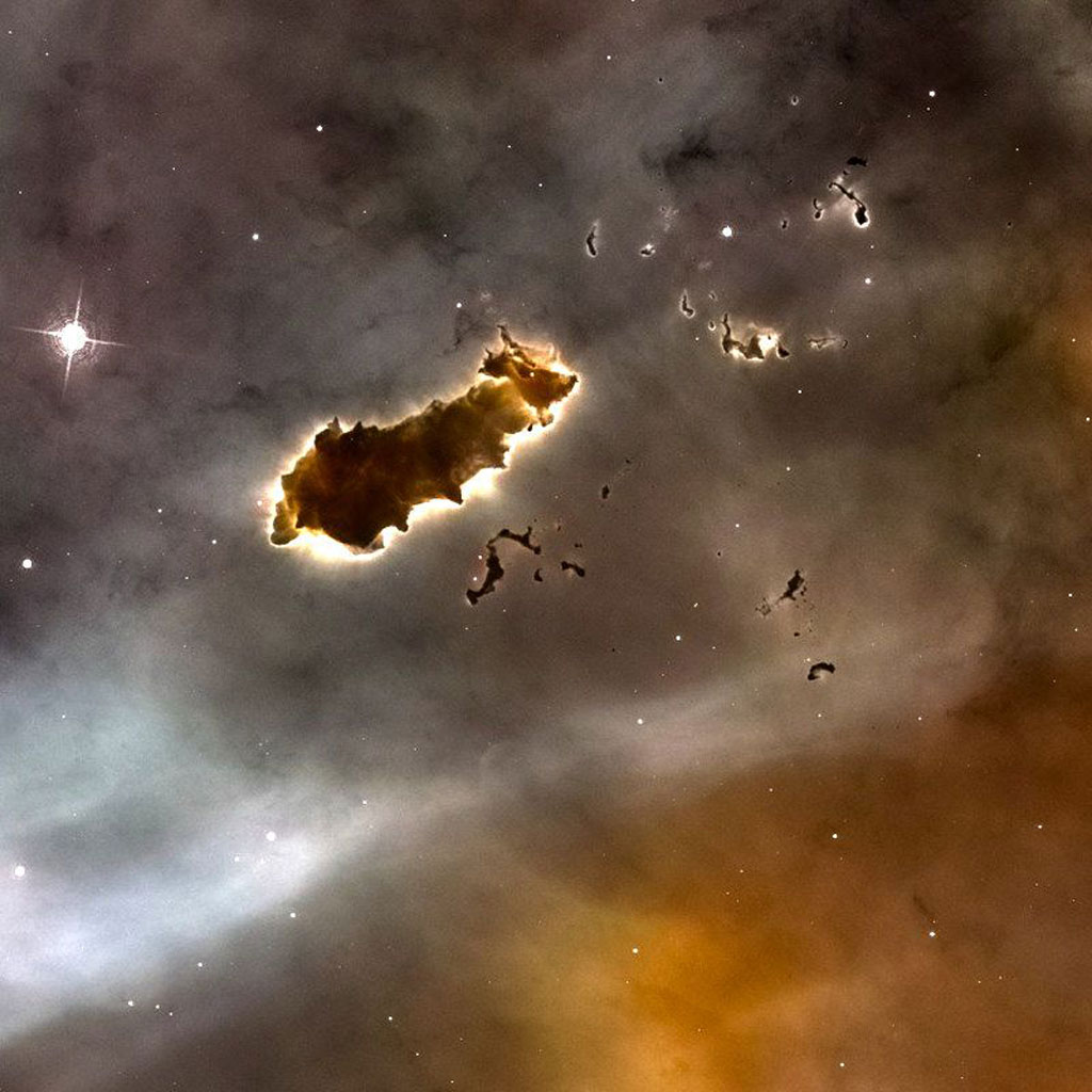 Dark, oddly shaped tiny globules of gas and dust seen glowing against the gray and orange background of the Carina Nebula.