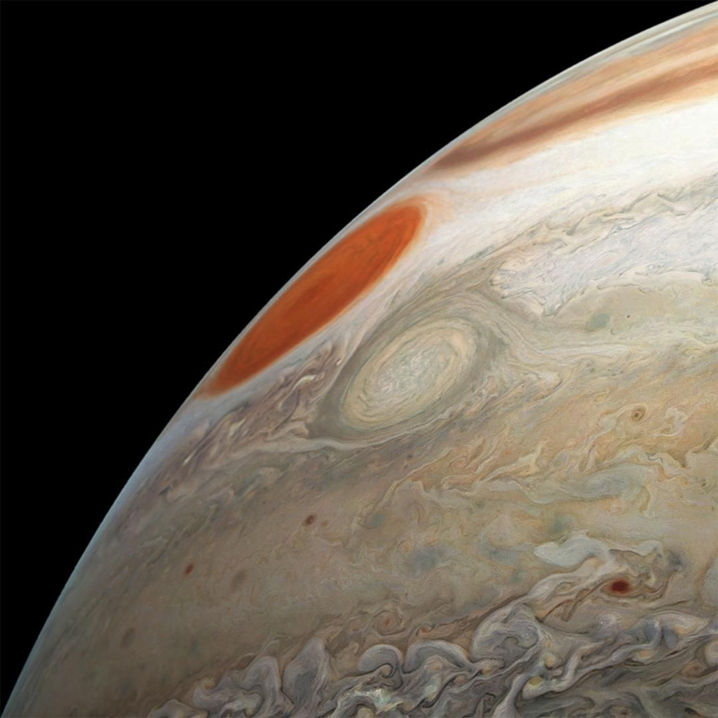 Close up image of the surface of jupiter showing its swirls