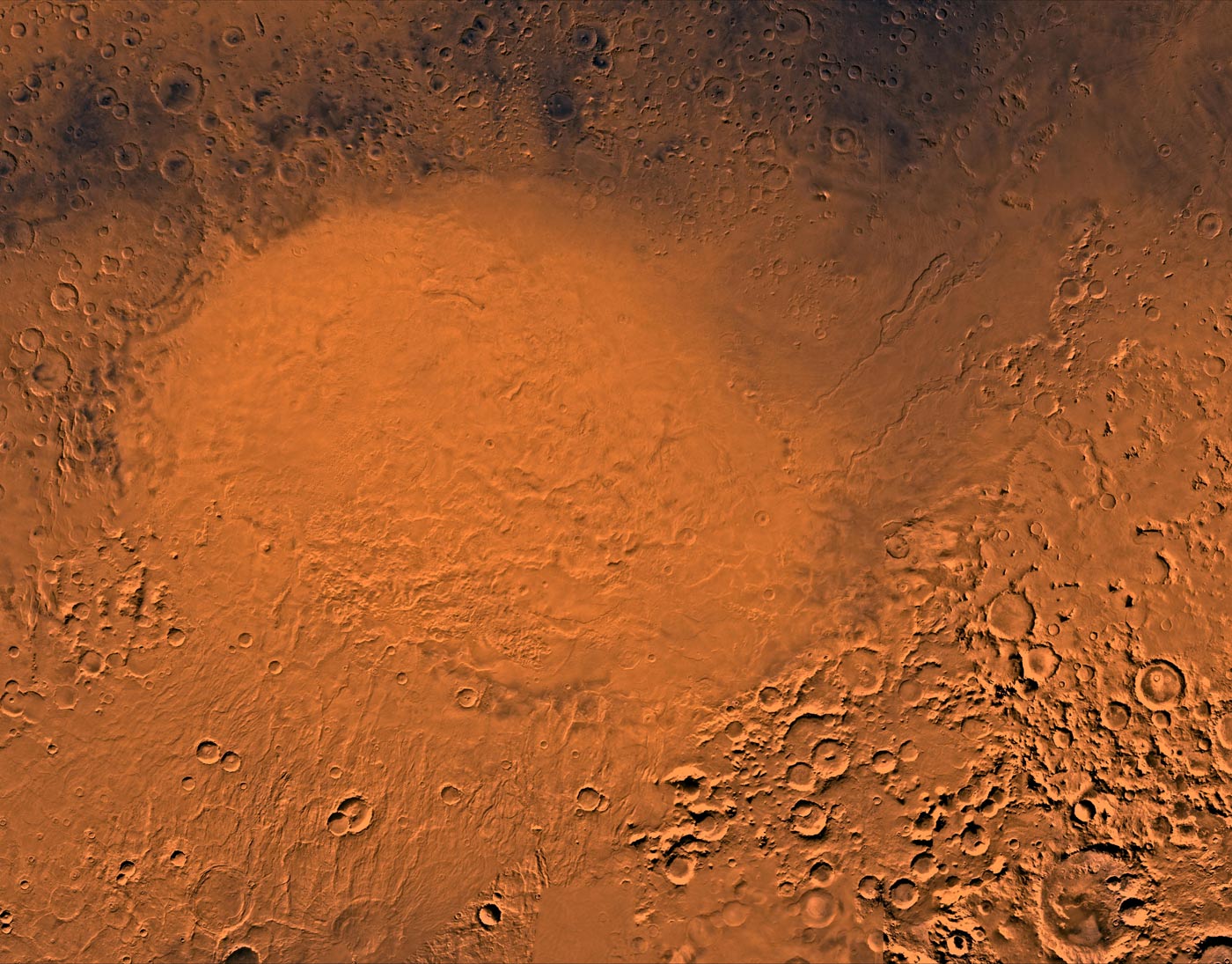 A color image of the Hellas Planitia region of Mars; north toward top. 