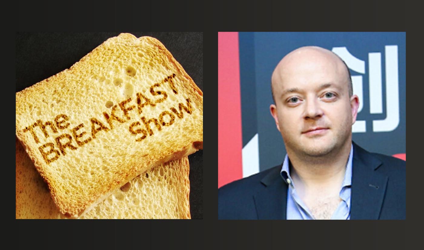 The Breakfast Show Logo next to Andrew Siemion's Portrait