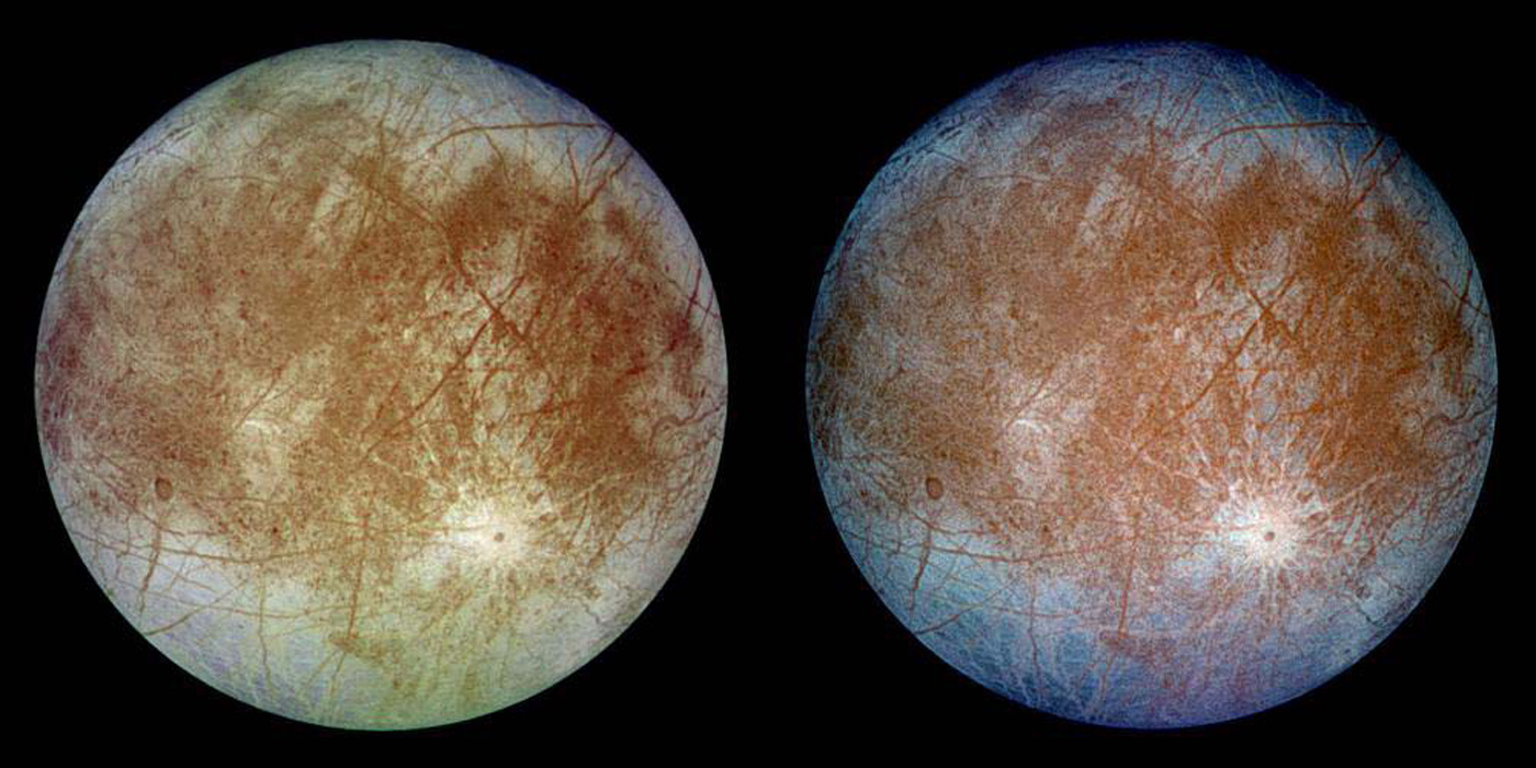 two views of Jupiter’s ice-covered satellite, Europa