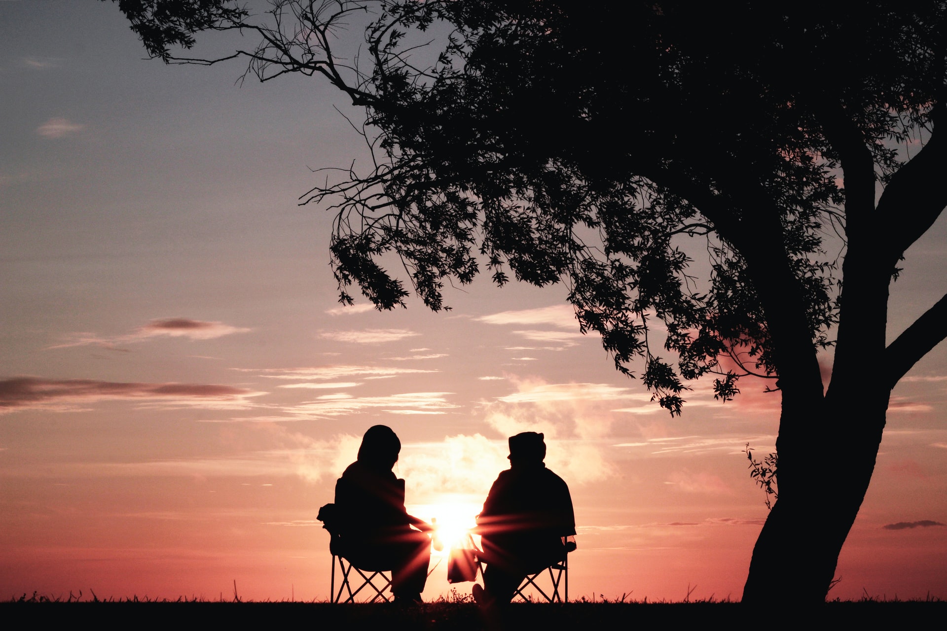 two people watching the sun set by a tree