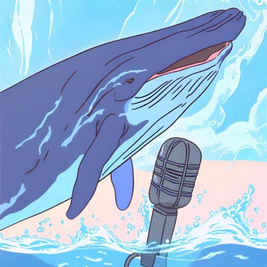 Illustration of a whale in front of a microphone