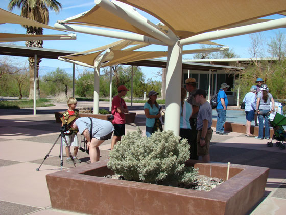 Marsfest attendees looking through telescope