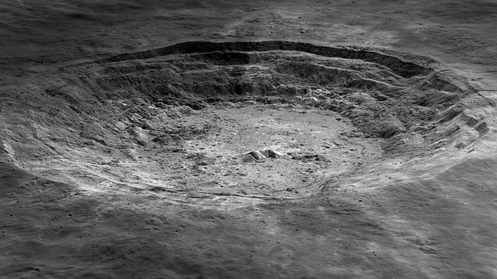 black and white image of the crater from above