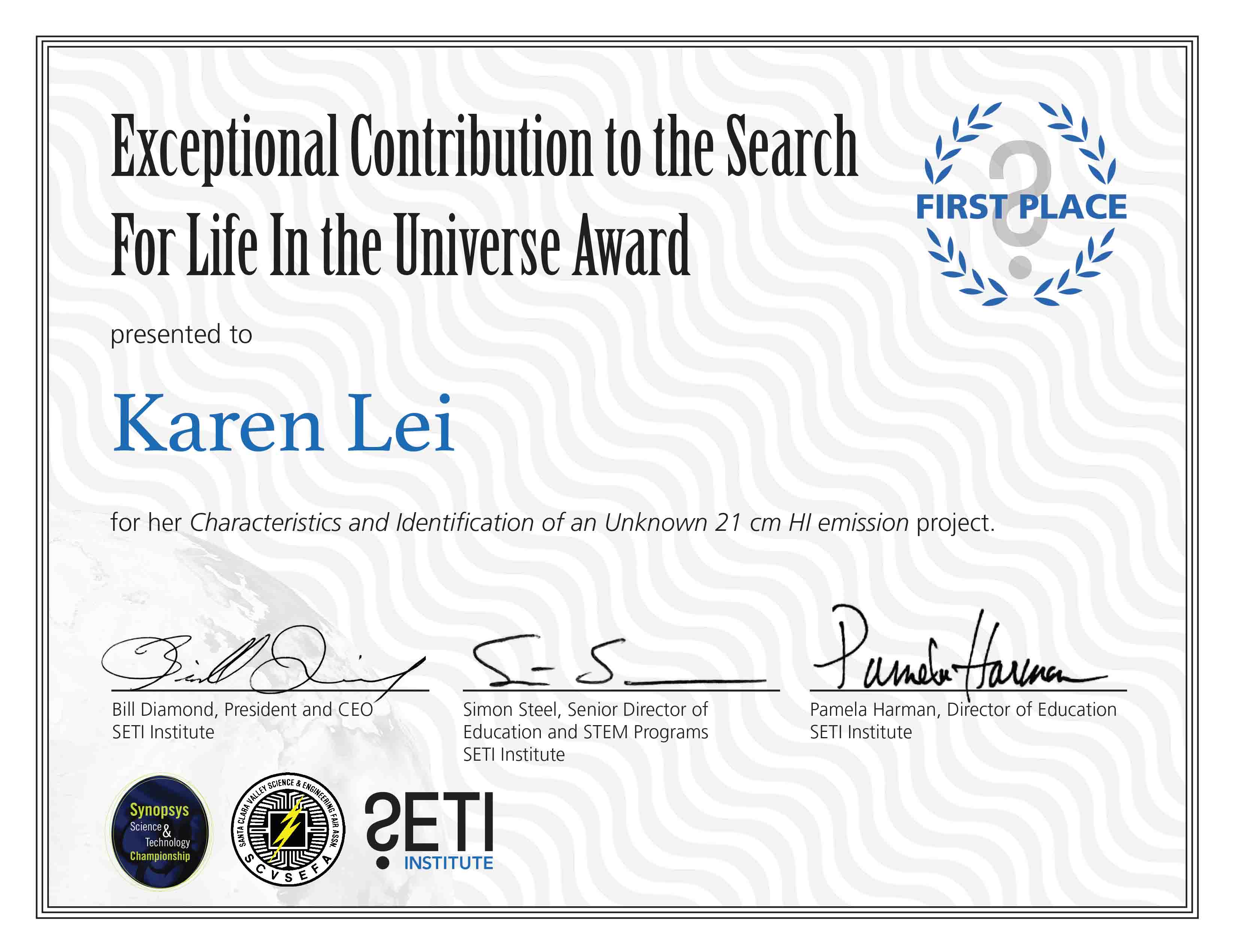 First place certificate for Karen Lei