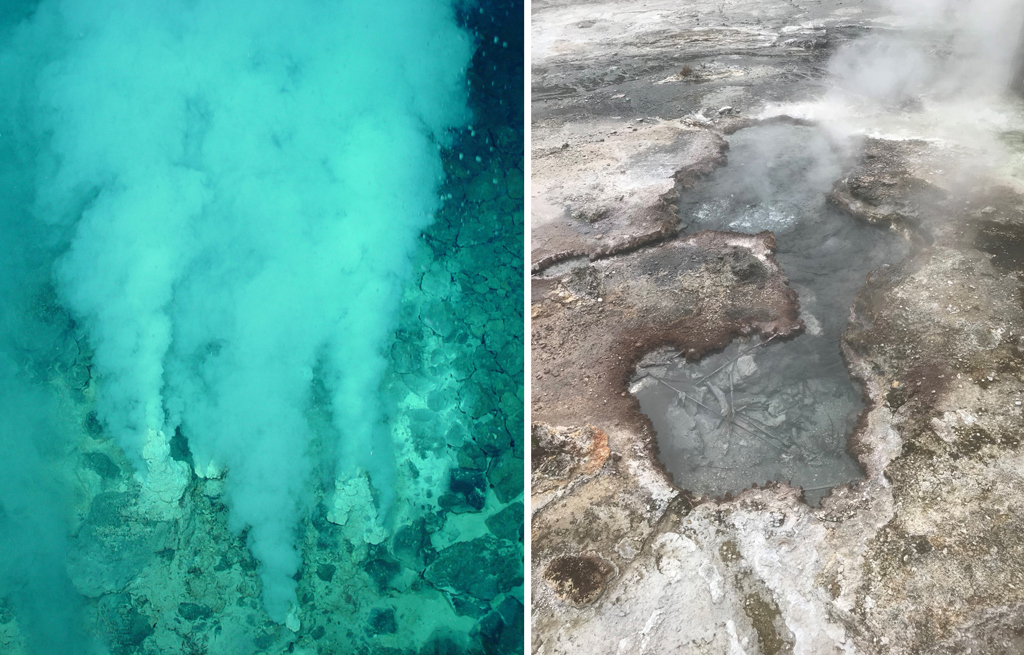 Left: “White smoker” deep-sea hydrothermal vent (credit: NOAA); Right: Hydrothermal field at Orakei Korako, New Zealand (credit: Bruce Damer).