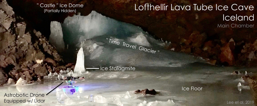 Astrobotic's LiDAR-equipped drone inside Main Chamber of the Lofthellir Lava Tube Ice Cave in Iceland