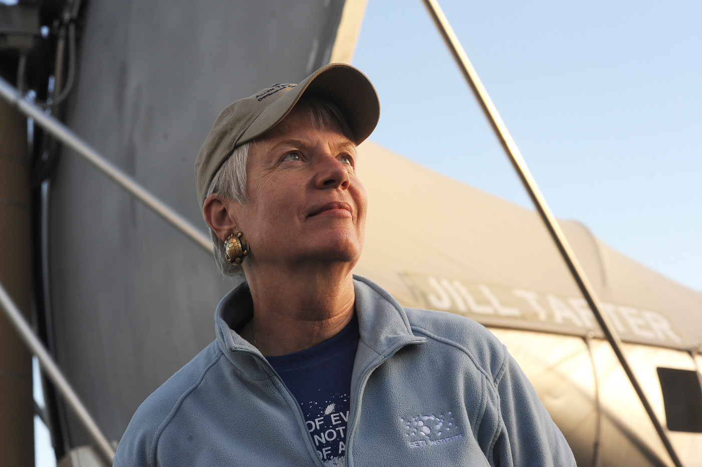 Jill Tarter in front of ATA Allen Telescope Array named antenna 5.  Image Credit: Seth Shostak.