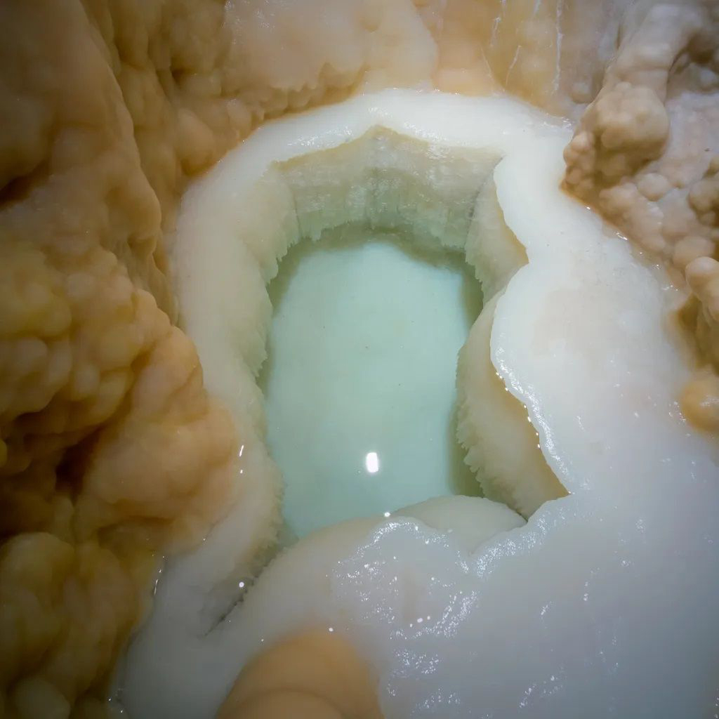 image of a milky blue pool of water in between cave structures
