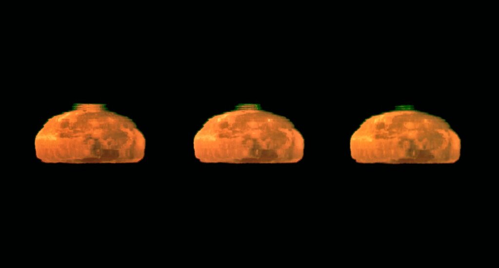 a series of 3 images depicting a green flash emitting from the lunar surface