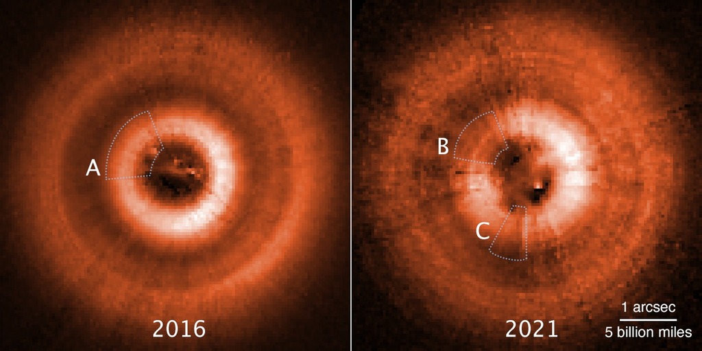 Comparison of two red/orange "disks" from 2016 and 2021