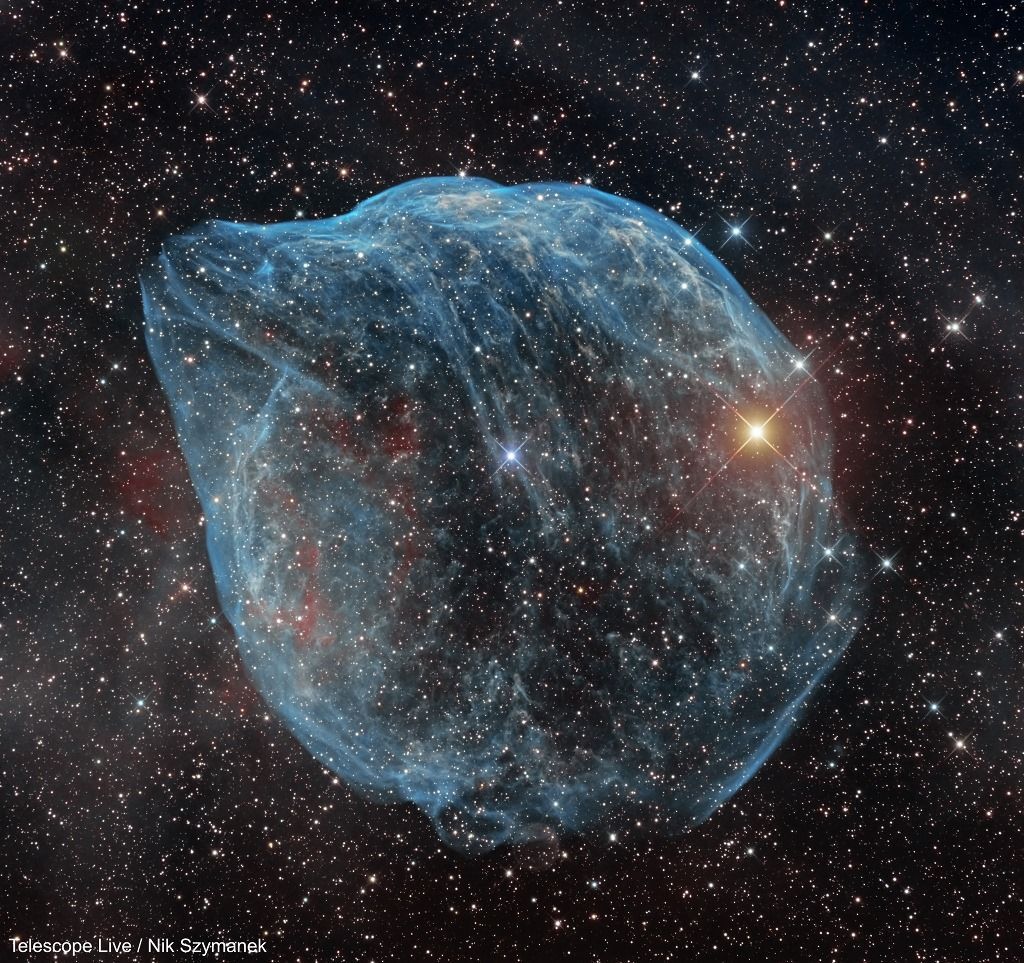 blue see-through nebula shaped like a dolphin's head against a starry background.