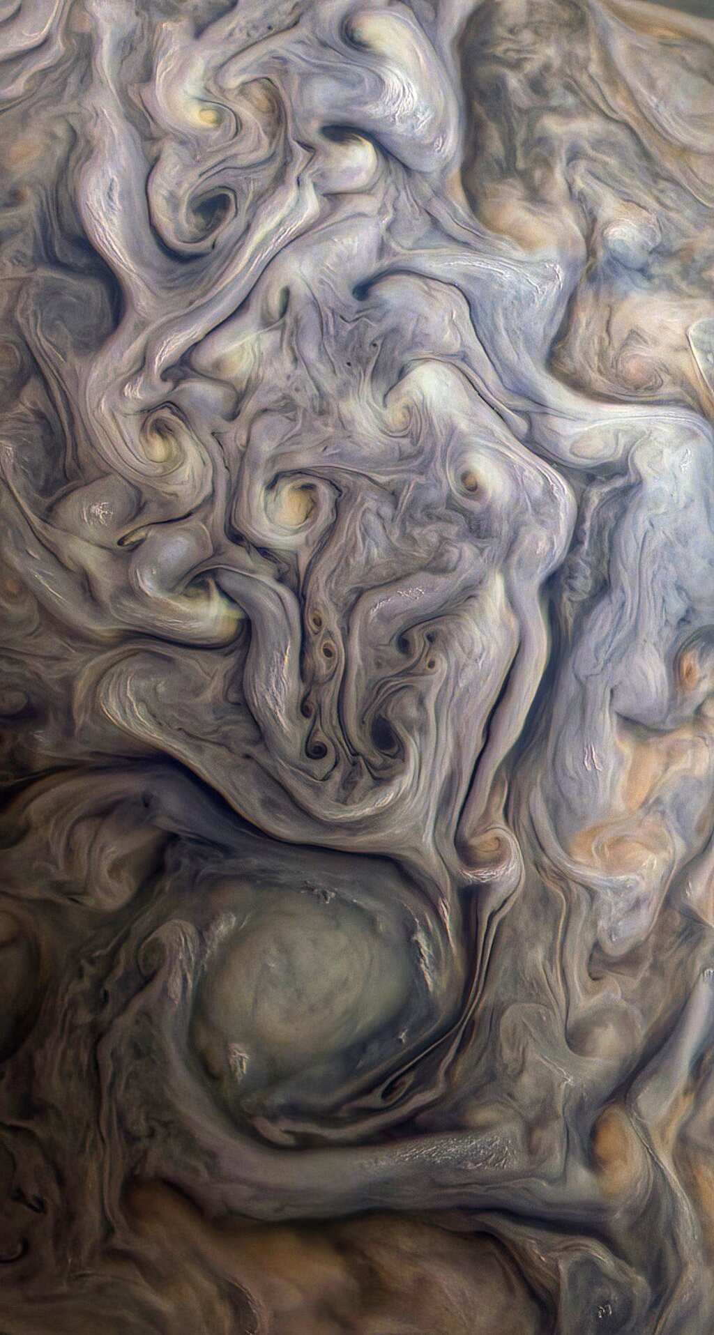 Close up view of the watercolor-like swirls of Jupiter
