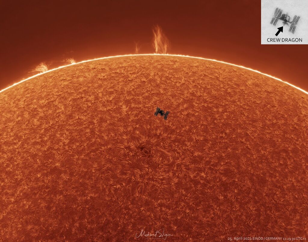 the International Space Station's black silhouette above he surface of the sun