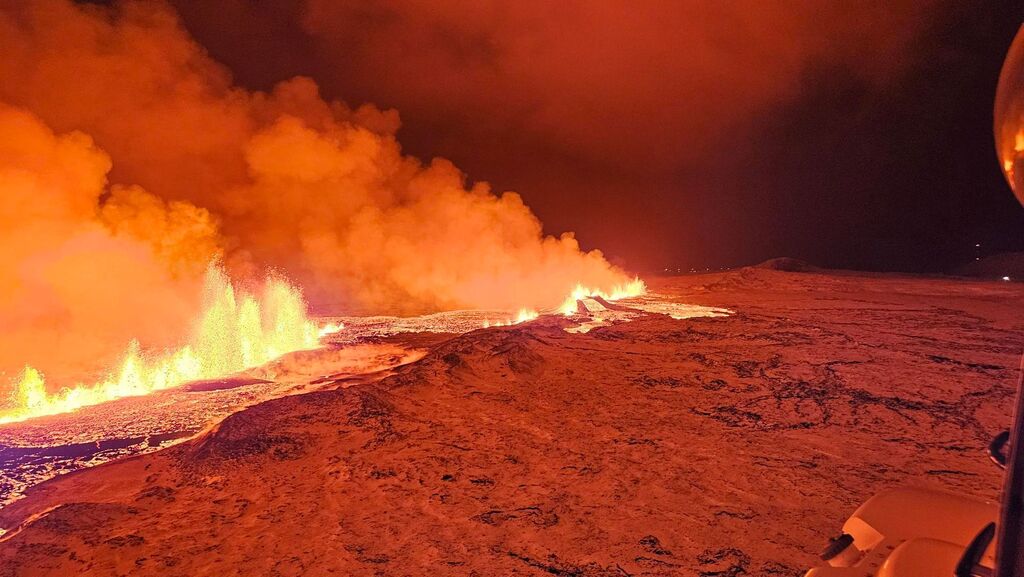 Close up view of the bright orange volcanic eruption
