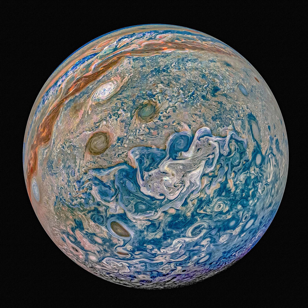 beautiful blue, green, brown, and white water-color like perspective of Jupiter