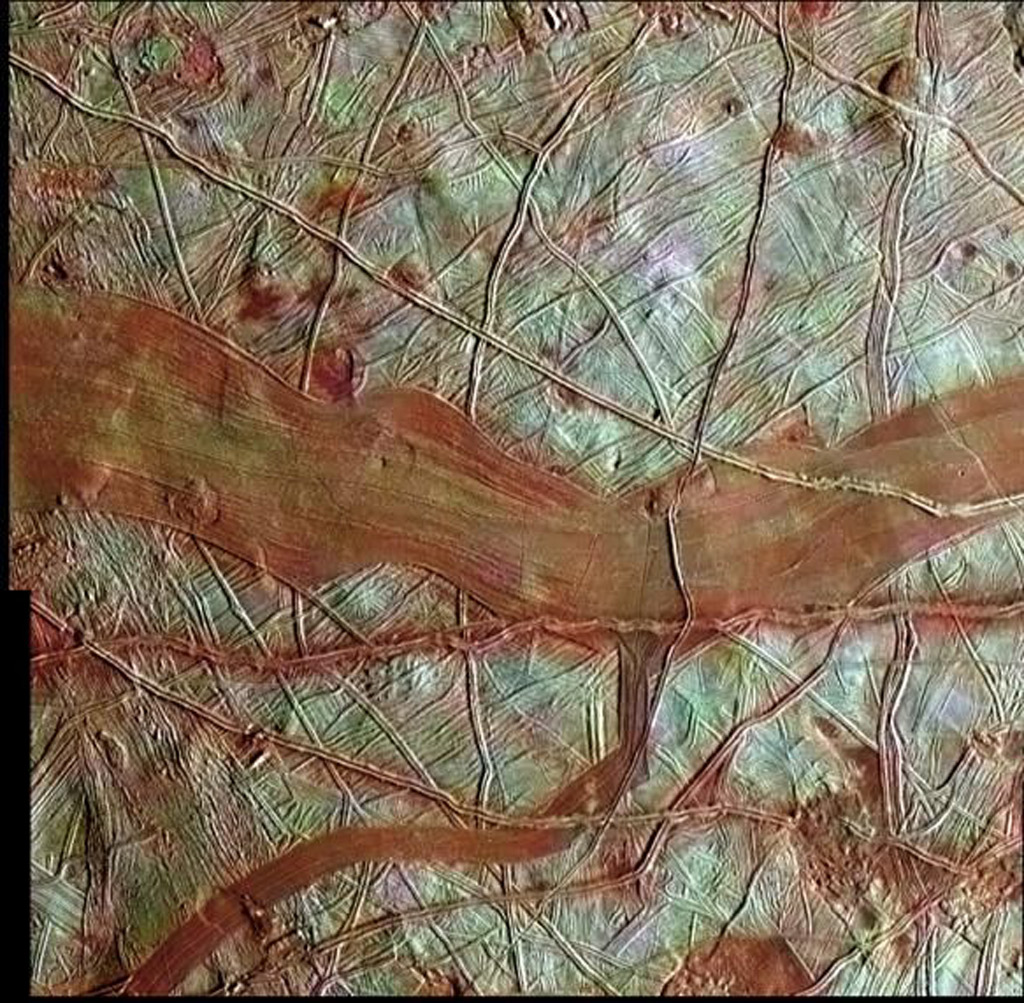red textured stripes on the surface of the brown planet