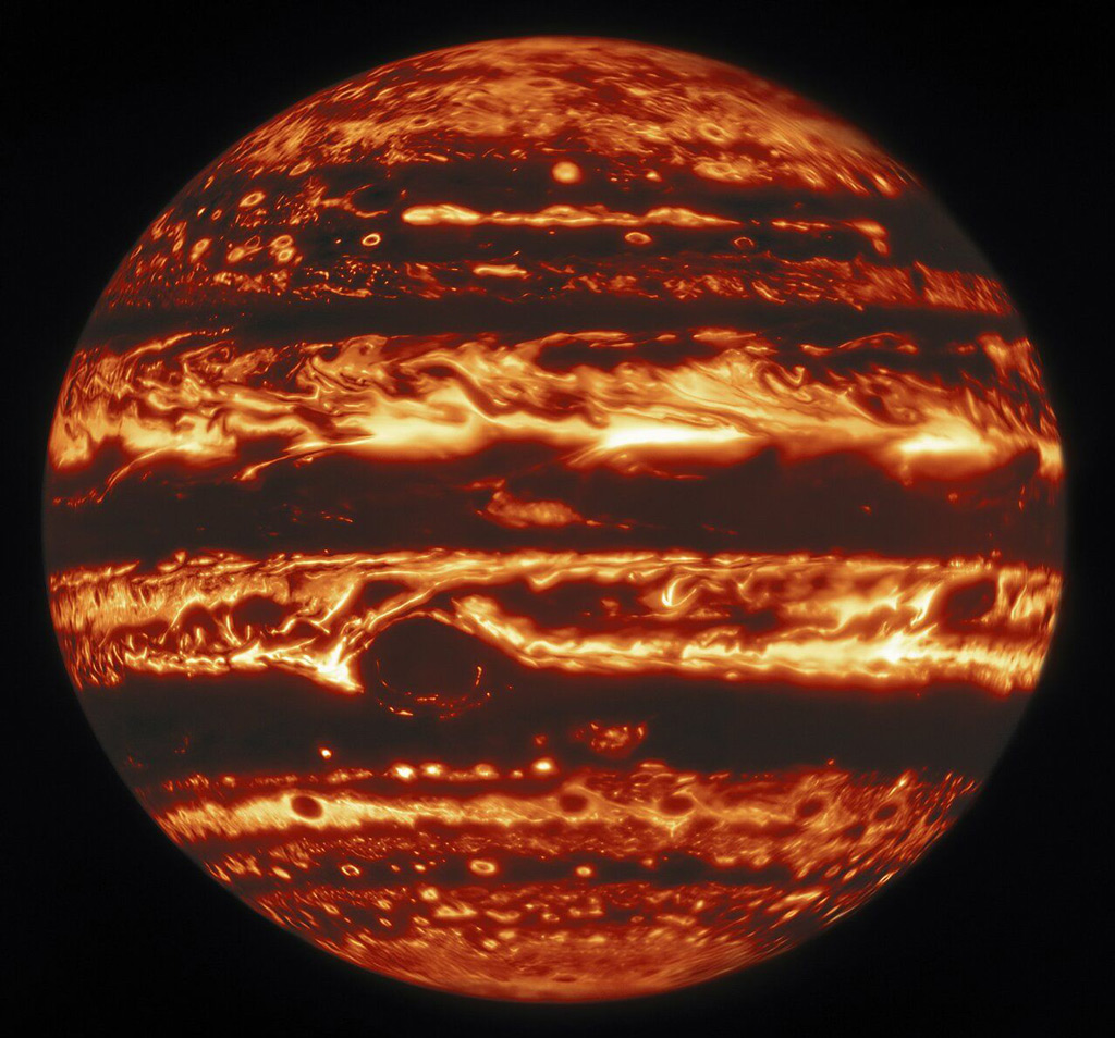 image of Jupiter looking like a fireball in space.