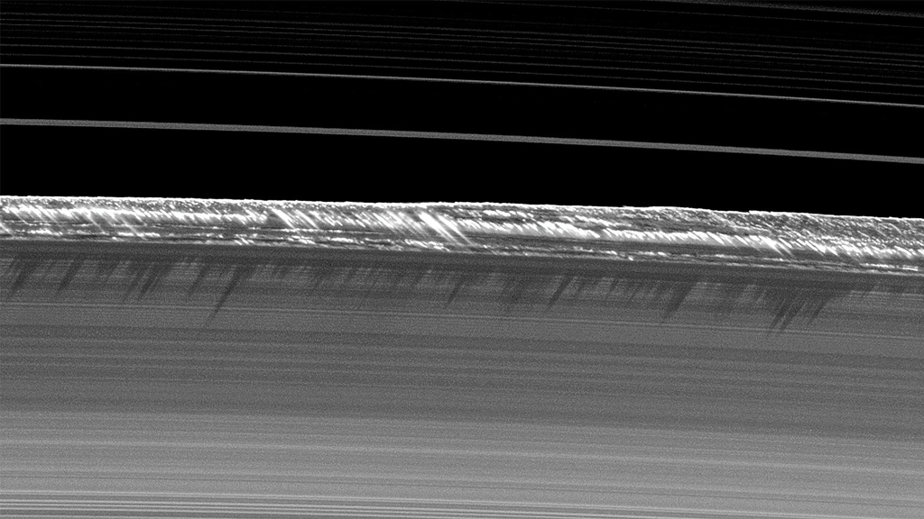 black and white close-up view of Saturn's Rings
