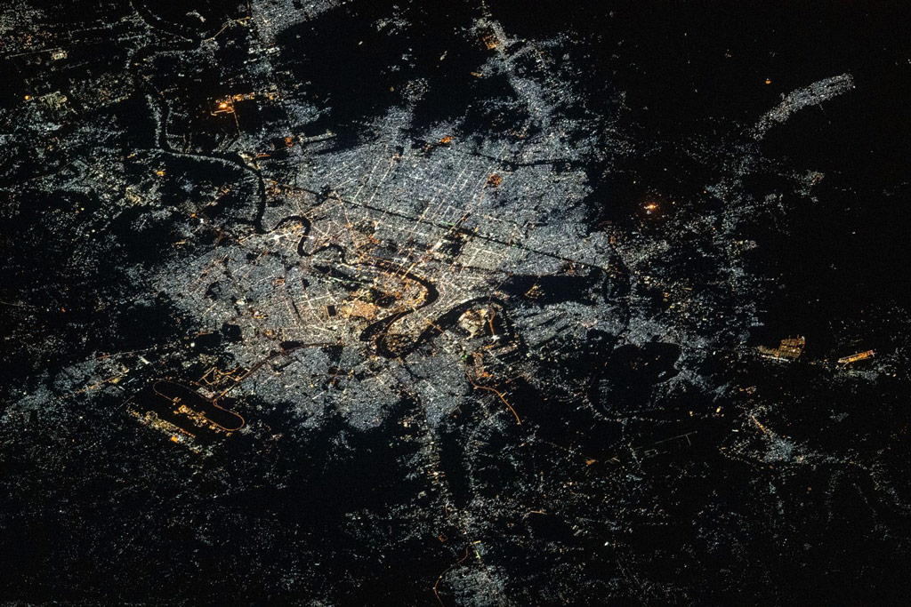 aerial view of the city at night. 