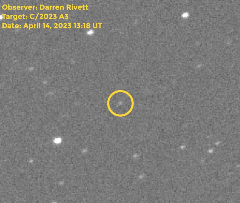 The first detection of comet C/2023 A3 by a Unistellar citizen astronomer with their eVscope. To see the faint comet, SETI scientists stacked 300 4-second exposures centered where C/2023 A3 should have been. The result showed the comet right where scientists predicted it to be!