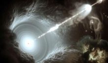 image of a black hole with a light beam shooting out of it.
