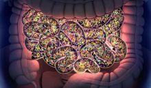 Illustration of microbes inside a human intestine