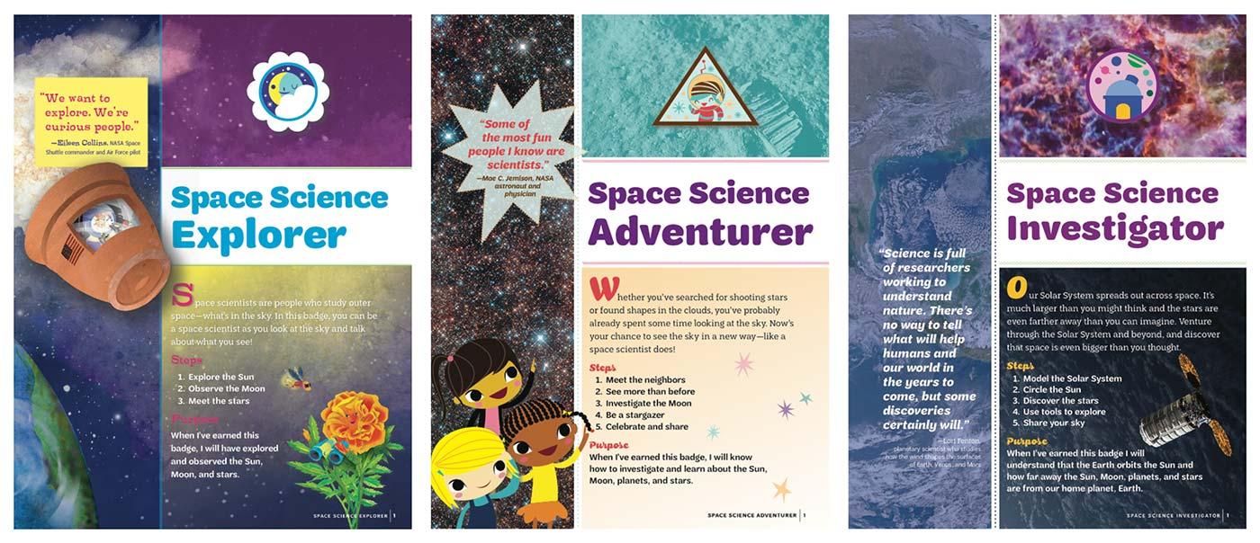 Space Science Explorer, Space Science Adventurer, and Space Science Investigator badges