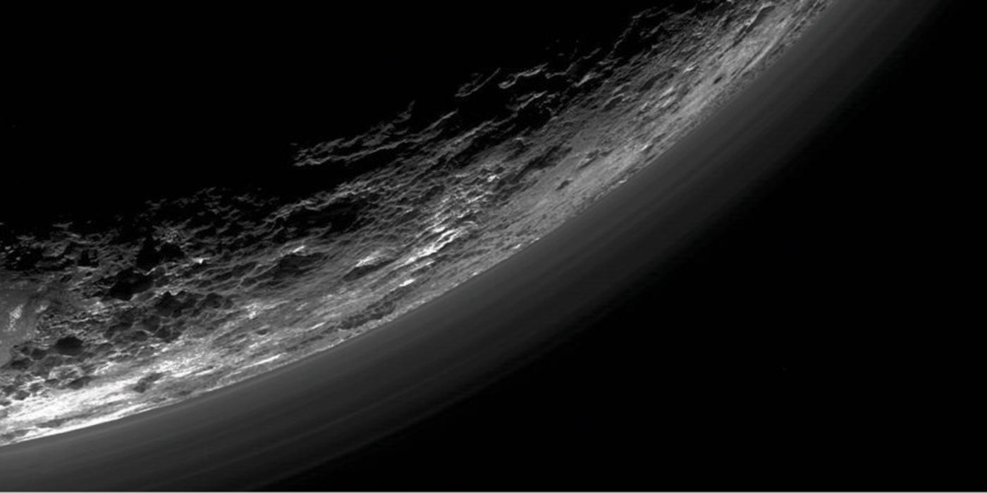 Black and white image of Pluto's Haze taken by New Horizons