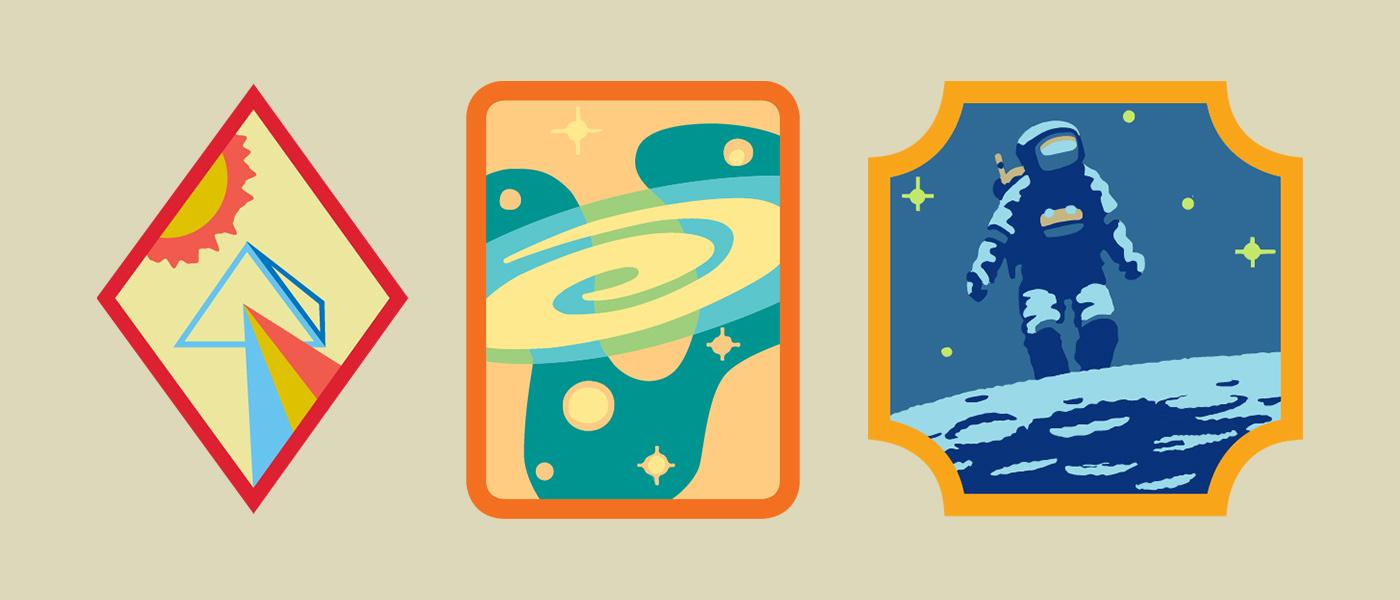 From left to right, the new Space Science badges for Girl Scout Cadettes, seniors, and Ambassadors.