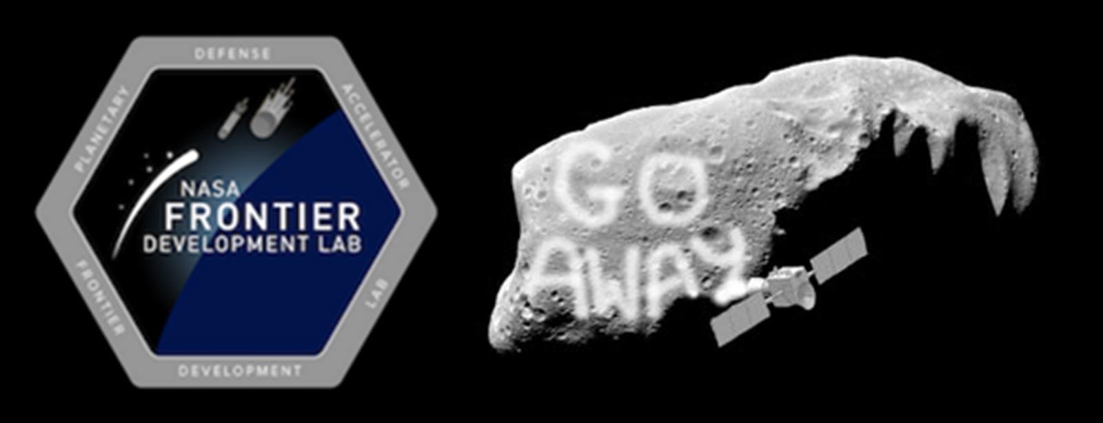 Nasa FDL Logo 2017 and an asteroid that says "go away"