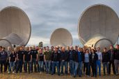 Hackathon group in front of ATA dishes