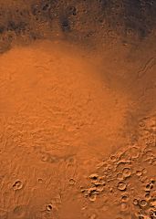 A color image of the Hellas Planitia region of Mars; north toward top. 